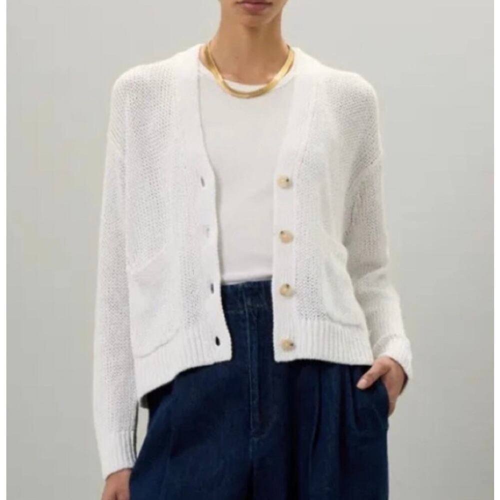 Polo‎ Ralph Lauren White Linen Cropped Long Sleeve Cardigan in Size Large
